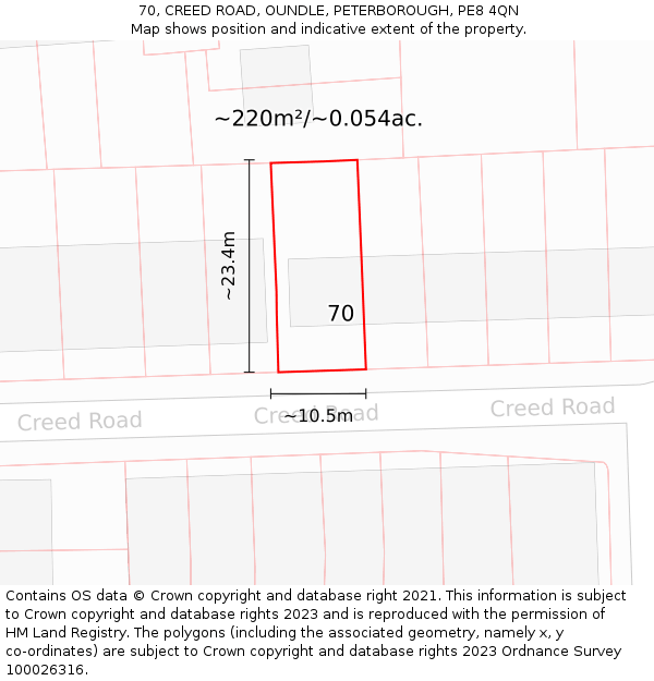 70, CREED ROAD, OUNDLE, PETERBOROUGH, PE8 4QN: Plot and title map