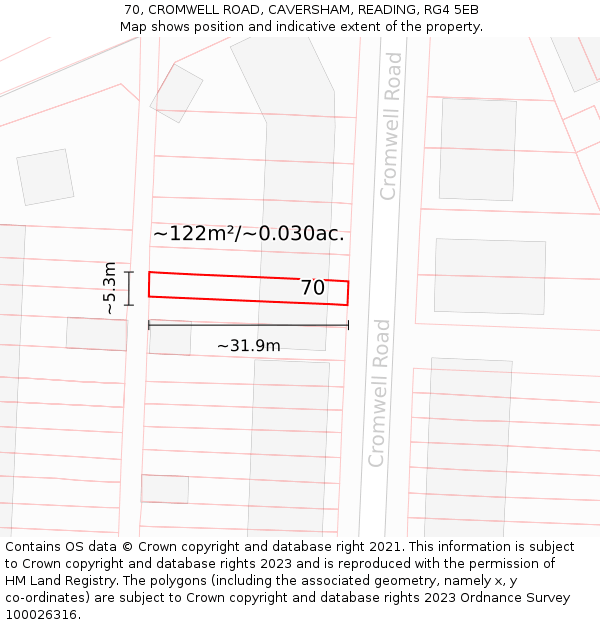 70, CROMWELL ROAD, CAVERSHAM, READING, RG4 5EB: Plot and title map