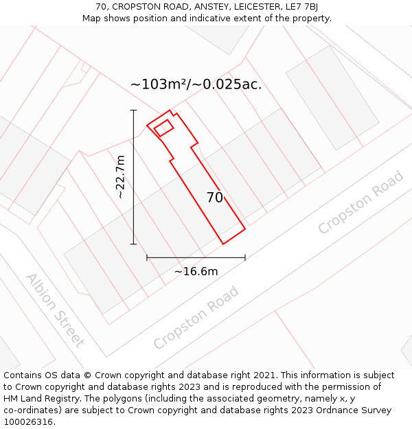 70, CROPSTON ROAD, ANSTEY, LEICESTER, LE7 7BJ: Plot and title map