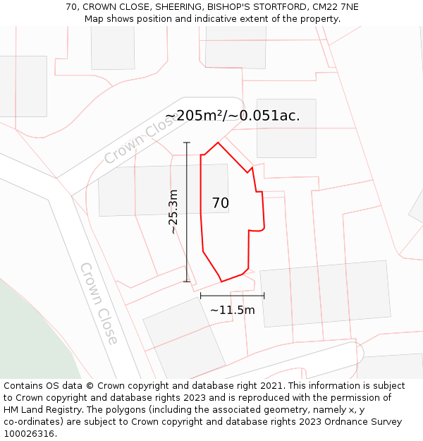 70, CROWN CLOSE, SHEERING, BISHOP'S STORTFORD, CM22 7NE: Plot and title map