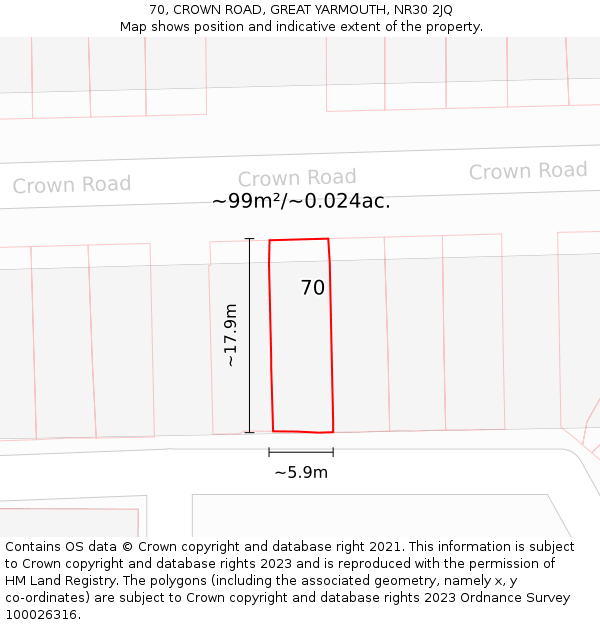 70, CROWN ROAD, GREAT YARMOUTH, NR30 2JQ: Plot and title map