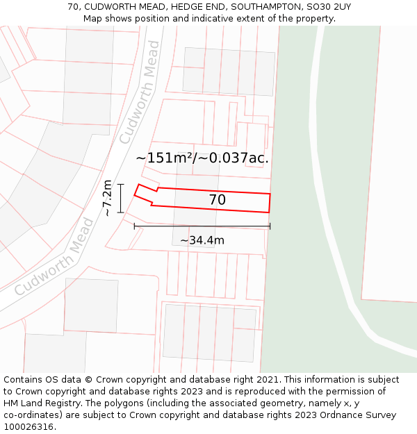 70, CUDWORTH MEAD, HEDGE END, SOUTHAMPTON, SO30 2UY: Plot and title map