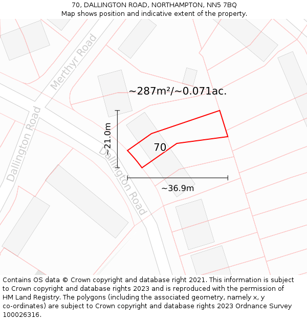 70, DALLINGTON ROAD, NORTHAMPTON, NN5 7BQ: Plot and title map