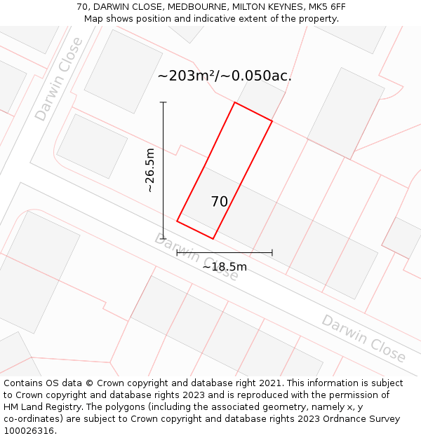 70, DARWIN CLOSE, MEDBOURNE, MILTON KEYNES, MK5 6FF: Plot and title map