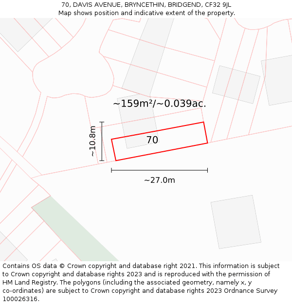 70, DAVIS AVENUE, BRYNCETHIN, BRIDGEND, CF32 9JL: Plot and title map
