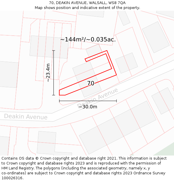 70, DEAKIN AVENUE, WALSALL, WS8 7QA: Plot and title map