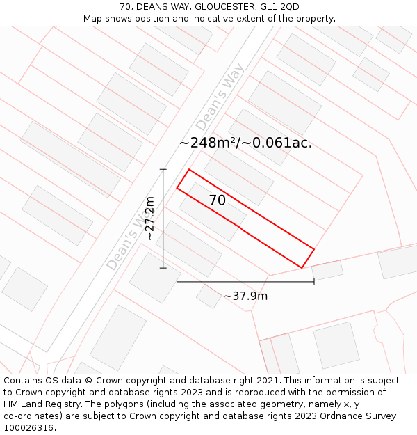 70, DEANS WAY, GLOUCESTER, GL1 2QD: Plot and title map