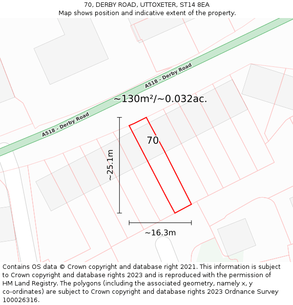 70, DERBY ROAD, UTTOXETER, ST14 8EA: Plot and title map