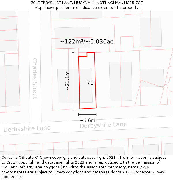 70, DERBYSHIRE LANE, HUCKNALL, NOTTINGHAM, NG15 7GE: Plot and title map
