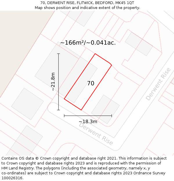 70, DERWENT RISE, FLITWICK, BEDFORD, MK45 1QT: Plot and title map