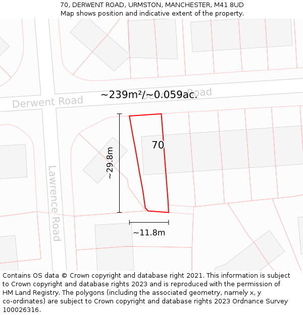 70, DERWENT ROAD, URMSTON, MANCHESTER, M41 8UD: Plot and title map