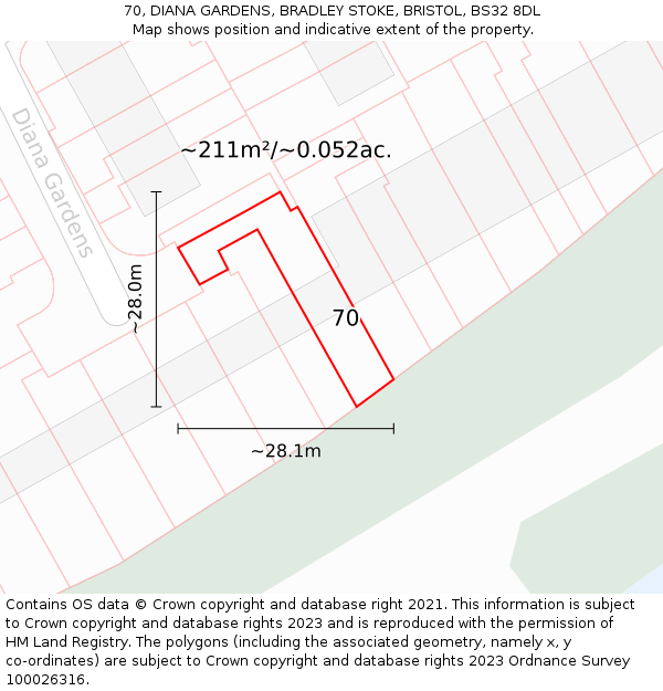 70, DIANA GARDENS, BRADLEY STOKE, BRISTOL, BS32 8DL: Plot and title map