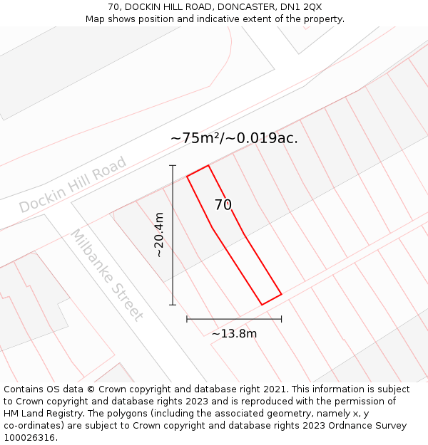 70, DOCKIN HILL ROAD, DONCASTER, DN1 2QX: Plot and title map