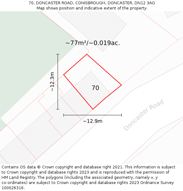 70, DONCASTER ROAD, CONISBROUGH, DONCASTER, DN12 3AG: Plot and title map