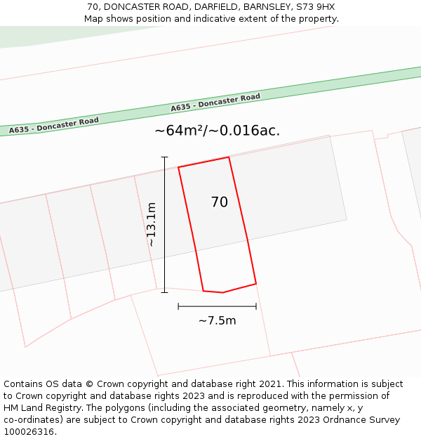 70, DONCASTER ROAD, DARFIELD, BARNSLEY, S73 9HX: Plot and title map
