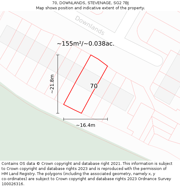 70, DOWNLANDS, STEVENAGE, SG2 7BJ: Plot and title map