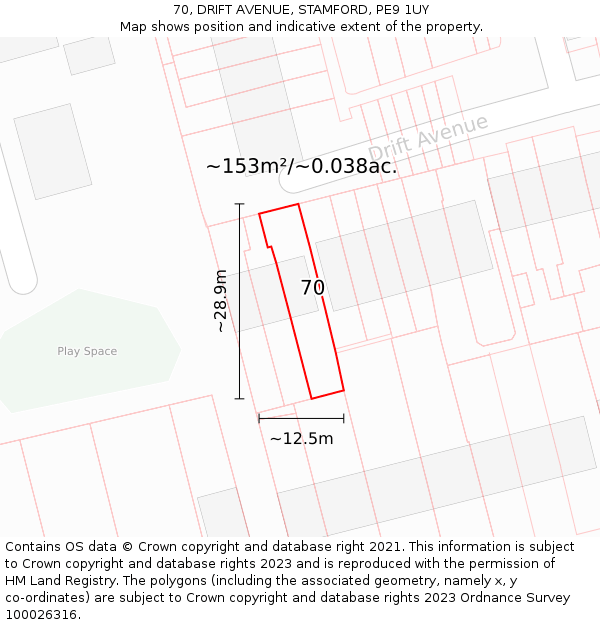 70, DRIFT AVENUE, STAMFORD, PE9 1UY: Plot and title map