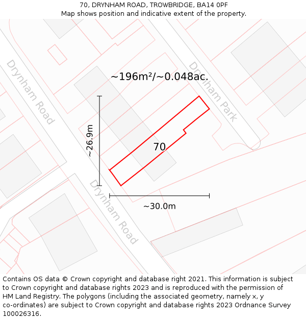 70, DRYNHAM ROAD, TROWBRIDGE, BA14 0PF: Plot and title map
