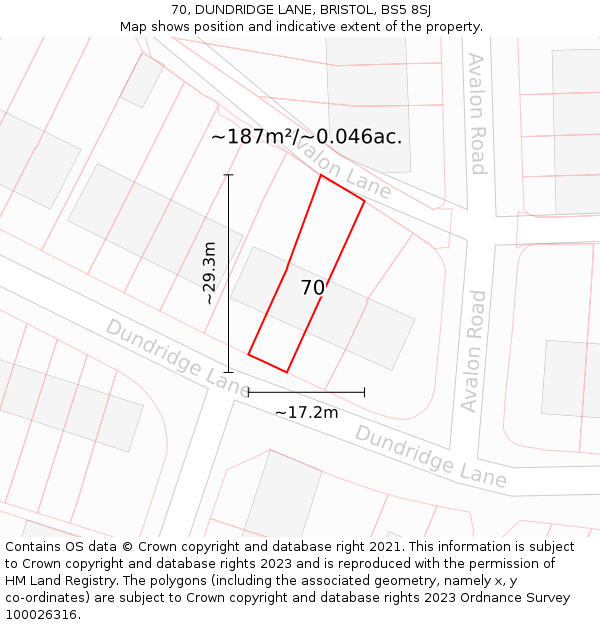 70, DUNDRIDGE LANE, BRISTOL, BS5 8SJ: Plot and title map