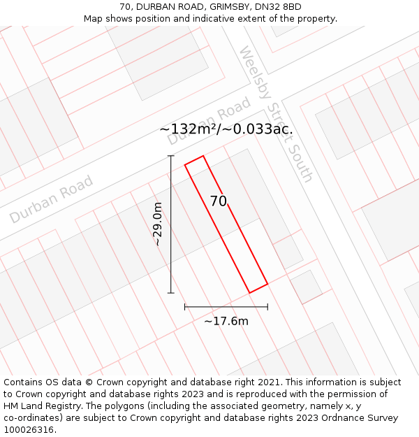 70, DURBAN ROAD, GRIMSBY, DN32 8BD: Plot and title map