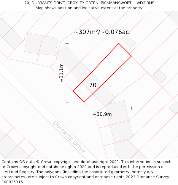 70, DURRANTS DRIVE, CROXLEY GREEN, RICKMANSWORTH, WD3 3NS: Plot and title map