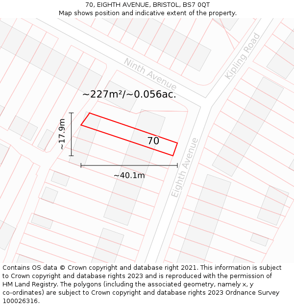 70, EIGHTH AVENUE, BRISTOL, BS7 0QT: Plot and title map