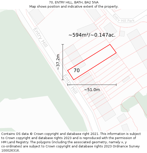 70, ENTRY HILL, BATH, BA2 5NA: Plot and title map
