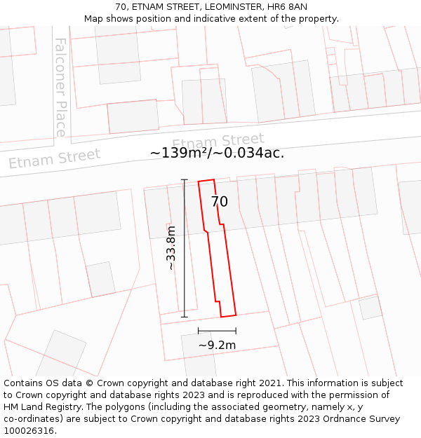 70, ETNAM STREET, LEOMINSTER, HR6 8AN: Plot and title map