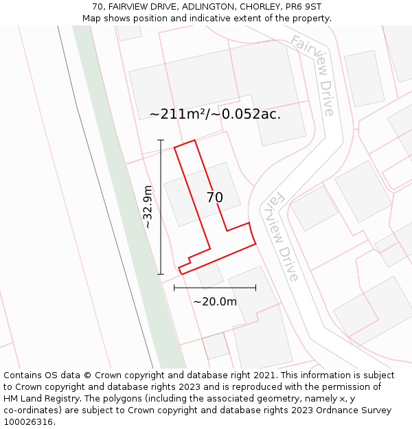 70, FAIRVIEW DRIVE, ADLINGTON, CHORLEY, PR6 9ST: Plot and title map