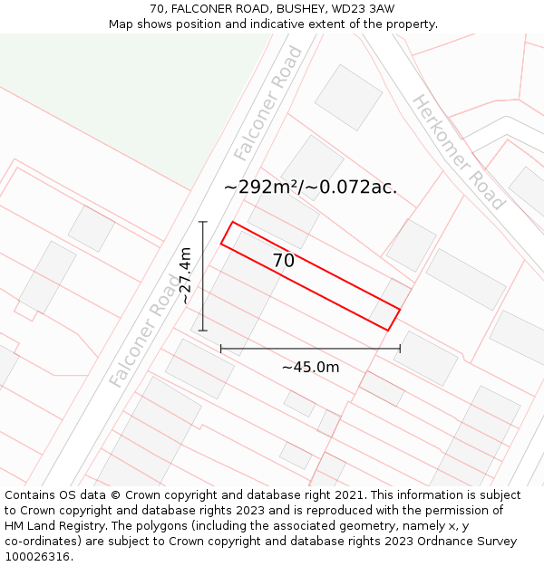 70, FALCONER ROAD, BUSHEY, WD23 3AW: Plot and title map
