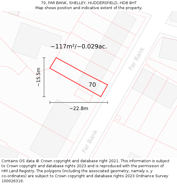70, FAR BANK, SHELLEY, HUDDERSFIELD, HD8 8HT: Plot and title map