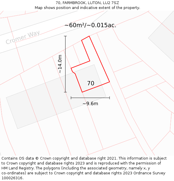 70, FARMBROOK, LUTON, LU2 7SZ: Plot and title map
