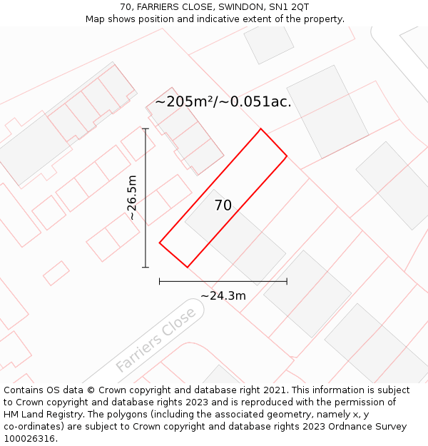 70, FARRIERS CLOSE, SWINDON, SN1 2QT: Plot and title map