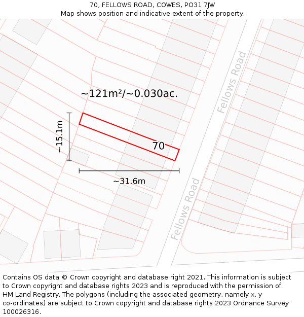 70, FELLOWS ROAD, COWES, PO31 7JW: Plot and title map