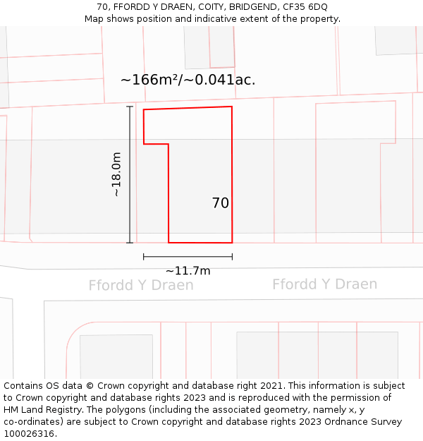 70, FFORDD Y DRAEN, COITY, BRIDGEND, CF35 6DQ: Plot and title map