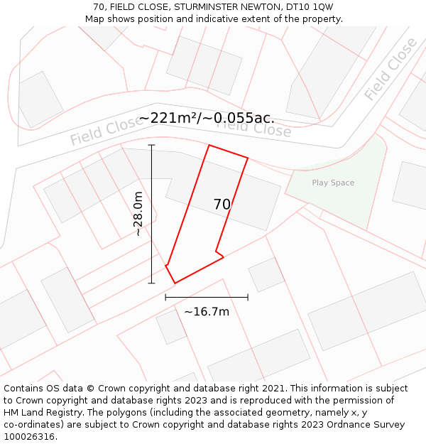 70, FIELD CLOSE, STURMINSTER NEWTON, DT10 1QW: Plot and title map