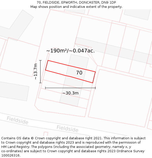 70, FIELDSIDE, EPWORTH, DONCASTER, DN9 1DP: Plot and title map