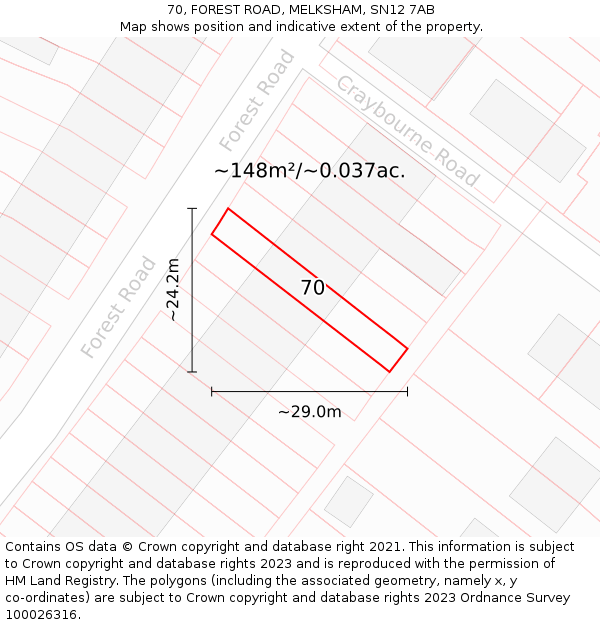 70, FOREST ROAD, MELKSHAM, SN12 7AB: Plot and title map