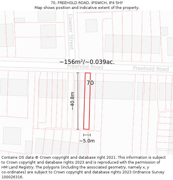 70, FREEHOLD ROAD, IPSWICH, IP4 5HY: Plot and title map