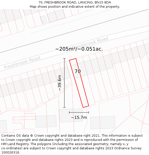 70, FRESHBROOK ROAD, LANCING, BN15 8DA: Plot and title map