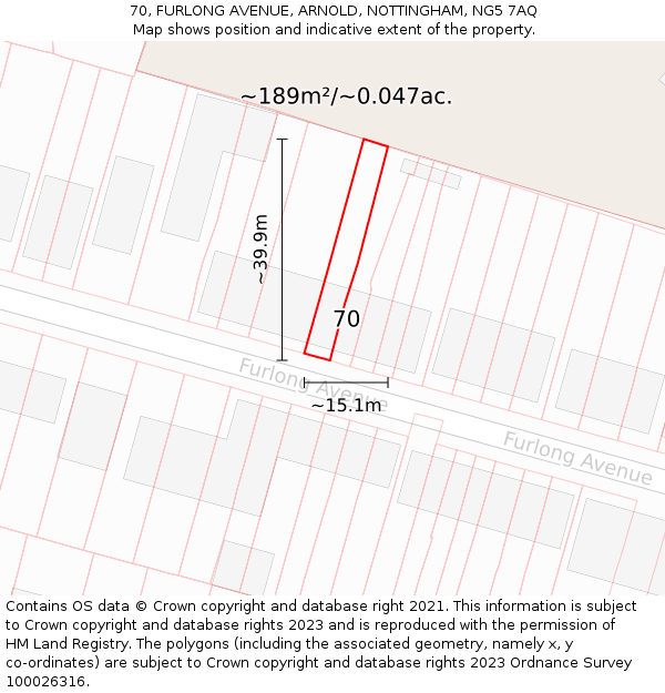 70, FURLONG AVENUE, ARNOLD, NOTTINGHAM, NG5 7AQ: Plot and title map