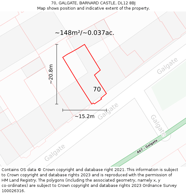 70, GALGATE, BARNARD CASTLE, DL12 8BJ: Plot and title map