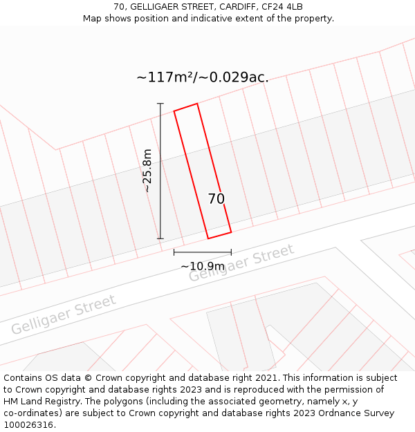 70, GELLIGAER STREET, CARDIFF, CF24 4LB: Plot and title map