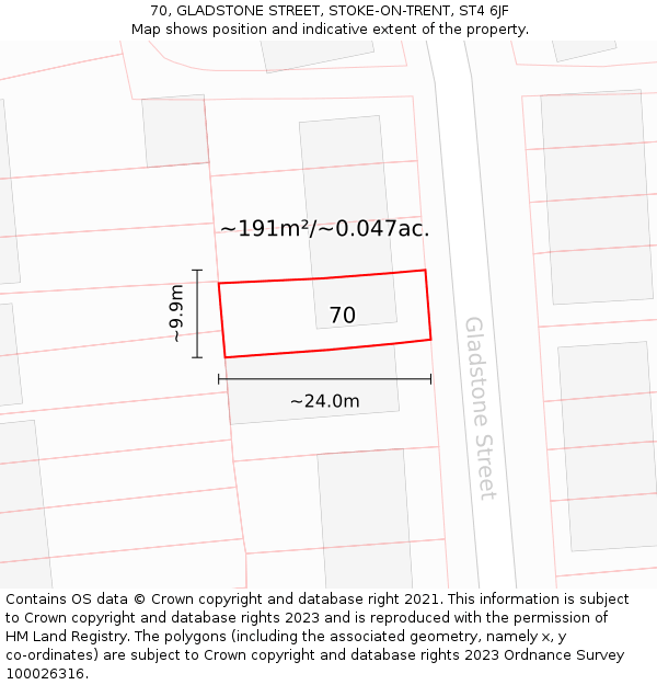 70, GLADSTONE STREET, STOKE-ON-TRENT, ST4 6JF: Plot and title map