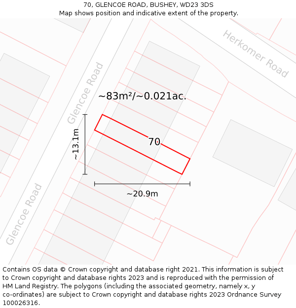 70, GLENCOE ROAD, BUSHEY, WD23 3DS: Plot and title map