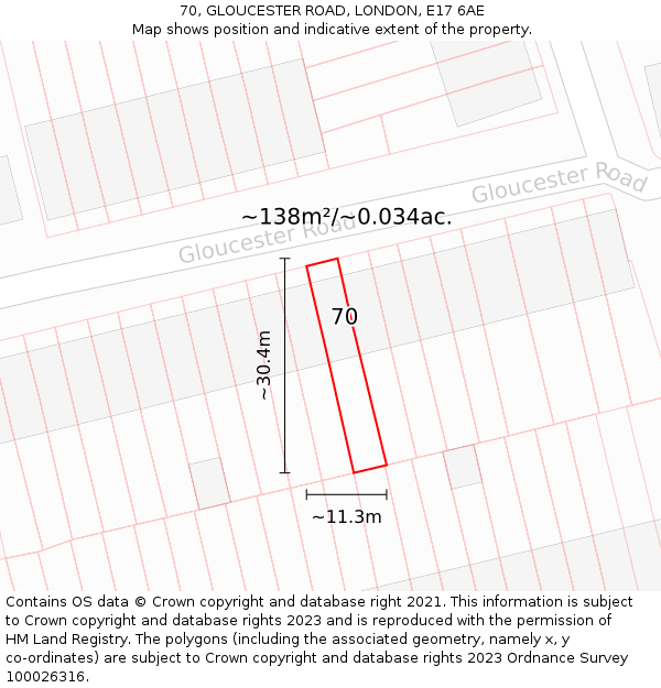 70, GLOUCESTER ROAD, LONDON, E17 6AE: Plot and title map