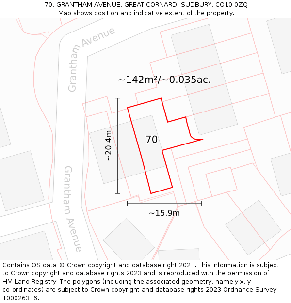 70, GRANTHAM AVENUE, GREAT CORNARD, SUDBURY, CO10 0ZQ: Plot and title map