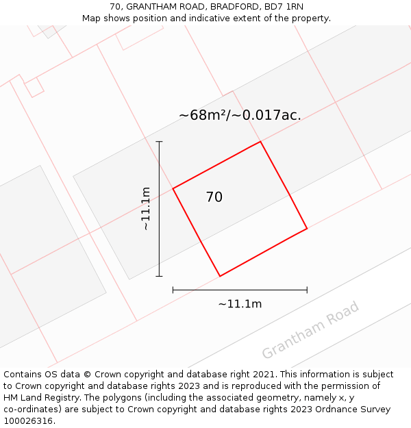 70, GRANTHAM ROAD, BRADFORD, BD7 1RN: Plot and title map