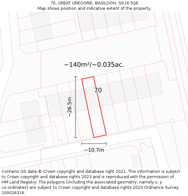 70, GREAT GREGORIE, BASILDON, SS16 5QE: Plot and title map