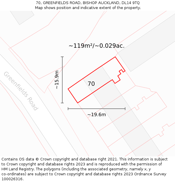 70, GREENFIELDS ROAD, BISHOP AUCKLAND, DL14 9TQ: Plot and title map